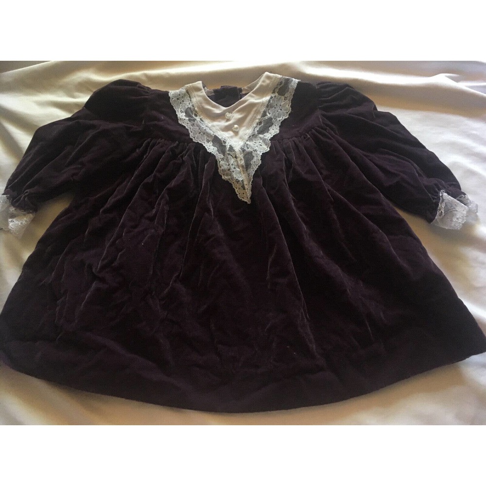Vintage Miss Quality Youth Girls Purple Velvet Lace Trim Dress SZ 3 Made USA